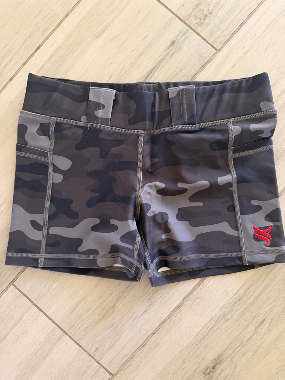 Women’s Gray Camo Athletic Shorts with Red Accent